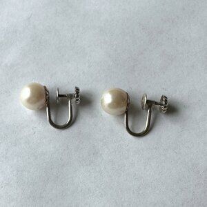 Vintage Pearl Clip On Earrings 14K White Gold